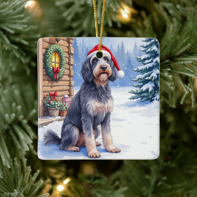 German Wirehaired Pointer Snowy Lodge Santa Hat Ceramic Ornament (Tree)