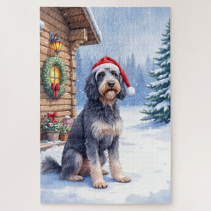 German Wirehaired Pointer Snowy Lodge Santa Hat Jigsaw Puzzle