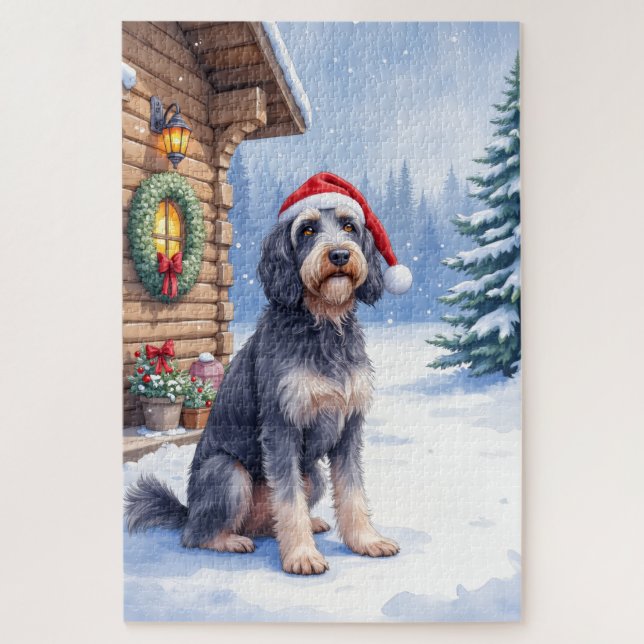 German Wirehaired Pointer Snowy Lodge Santa Hat Jigsaw Puzzle (Vertical)