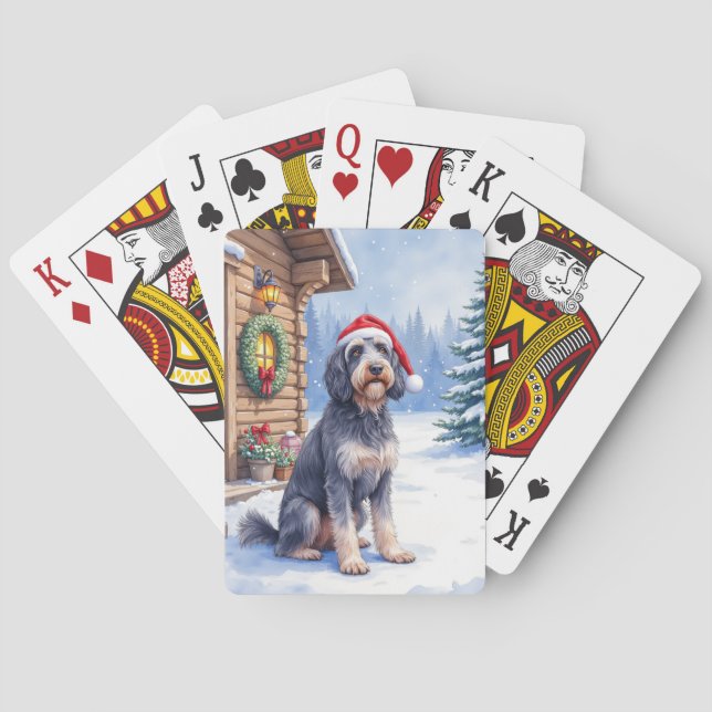 German Wirehaired Pointer Snowy Lodge Santa Hat Poker Cards (Back)