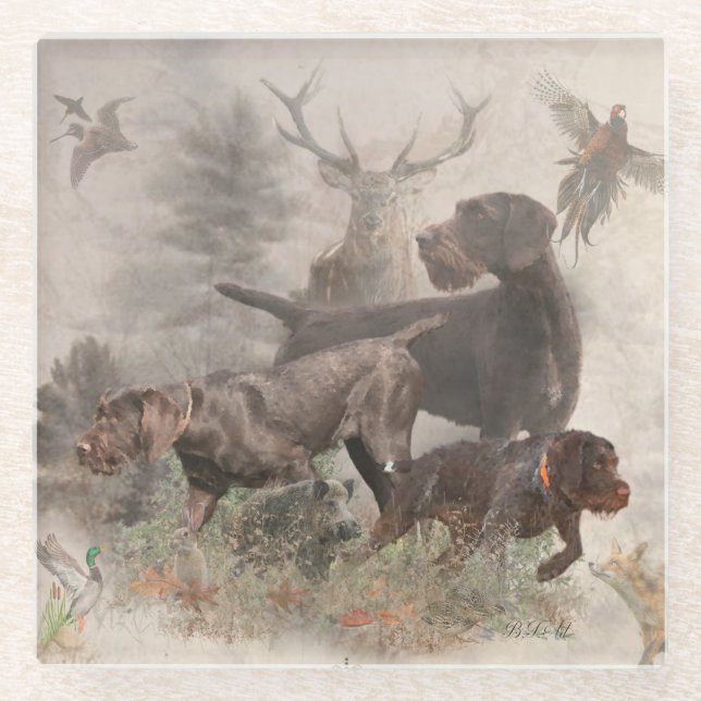 German Wirehaired Pointer  Tapestry Outdoor Pillow Glass Coaster (Front)