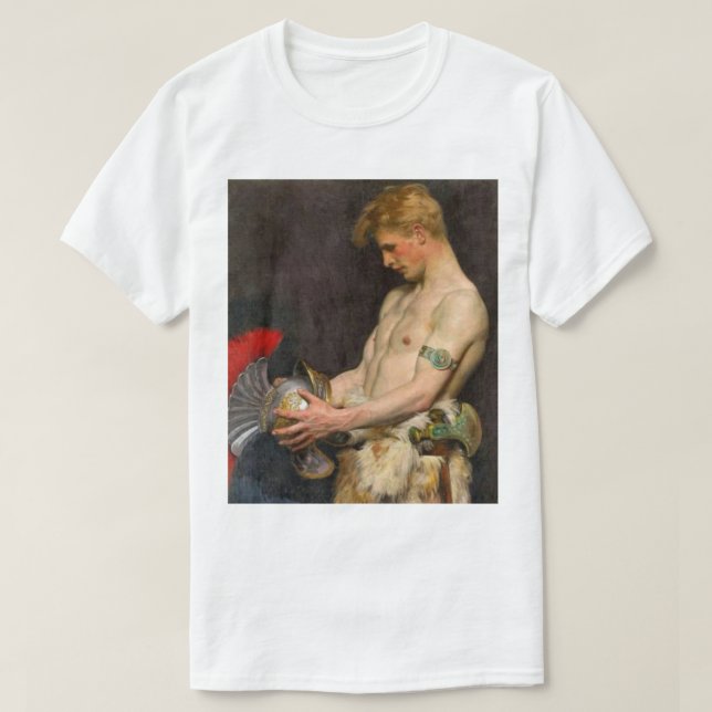Germanic Warrior Admiring a Roman Helmet T-Shirt (Design Front)