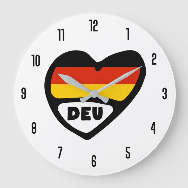 Germany Country Code DEU Flag Heart Large Clock (Front)