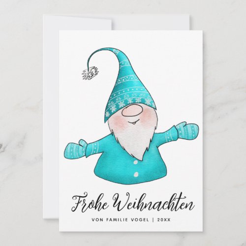 Germany German Merry Christmas Gnome White Teal Holiday Card