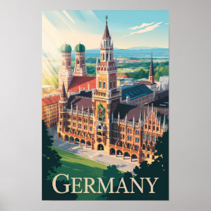 Germany Munich Illustration Travel Art Vintage Poster