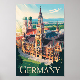 Germany Munich Illustration Travel Art Vintage Poster