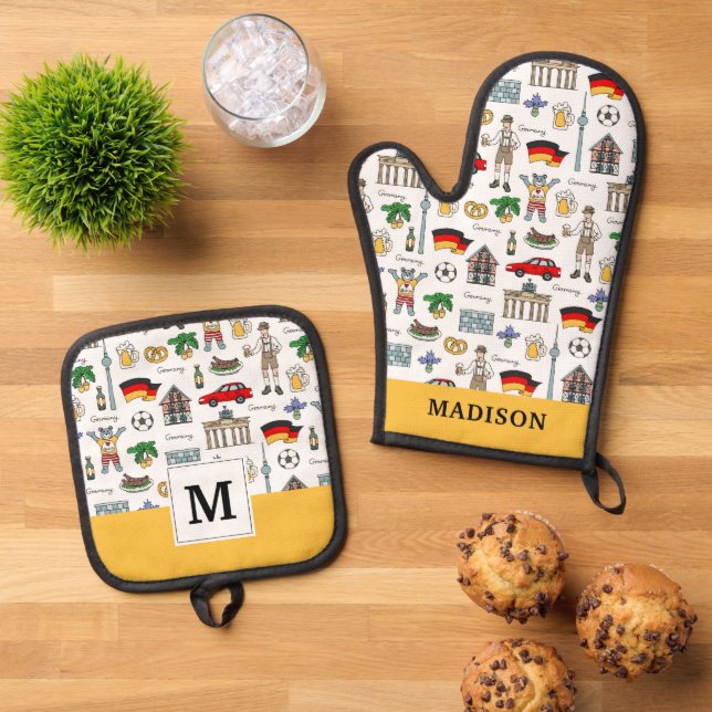 Germany | Symbols Pattern Oven Mitt & Pot Holder Set (Top Down)
