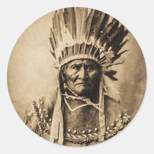Geronimo in Head Dress Vintage Portrait Sepia Classic Round Sticker