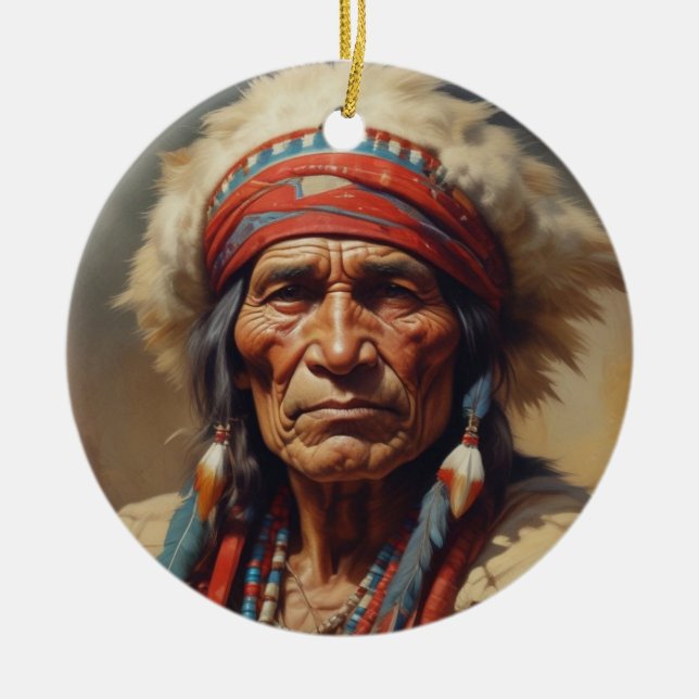 Geronimo Indian Chief Warrior Portrait Ceramic Ornament (Front)