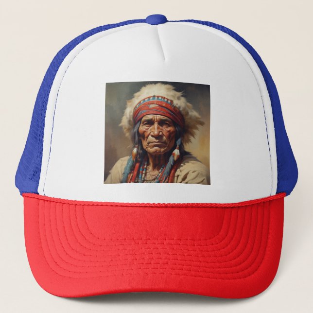 Geronimo Indian Chief Warrior Portrait Trucker Hat (Front)