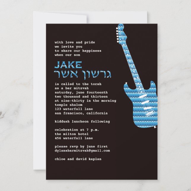 Gershon Asher Custom Rock Star Hebrew  Blue Invitation (Front)