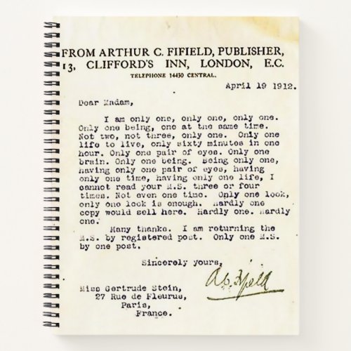 Gertrude Stein Rejection Letter Notebook