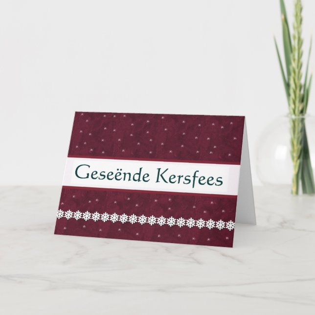 Geseënde Kersfees Snowflakes MAROON Background Holiday Card (Front)