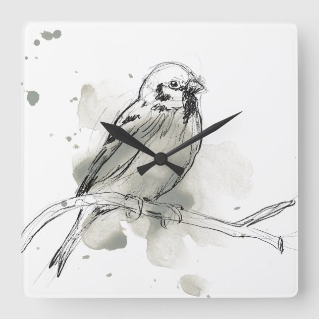 Gestural Bird Study Square Wall Clock (Front)