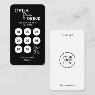 Get A Free Drink  Minimal Modern Black White Loyalty Card