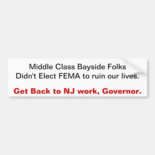 Get Back to NJ work, Governor Bumper Sticker (Front)