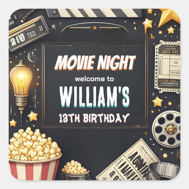 Get boy Camping Popcorn Movie Night 13th birthday Square Sticker (Front)