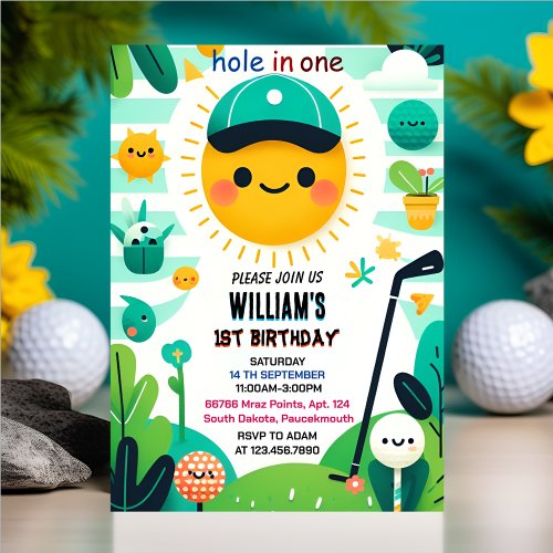 Get boy cute golf hole in one first 1st birthday invitation