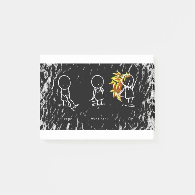 Get cape, wear cape, fly post-it notes (Front)