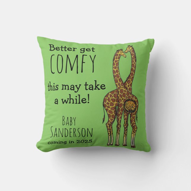 Get Comfy Pregnant giraffe baby announcement Throw Pillow (Front)