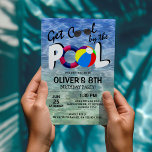 Get Cool By The Pool | Kids Birthday Invitation<br><div class="desc">Cool swimming pool birthday party invitation featuring a inviting blue water background,  sunglasses,  beach ball,  rubber ring and a modern birthday template that is easy to customize.</div>