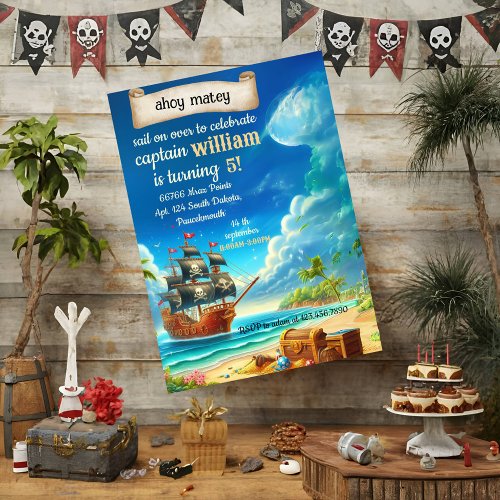 Get cool cute pool ship Pirate Birthday Invitation