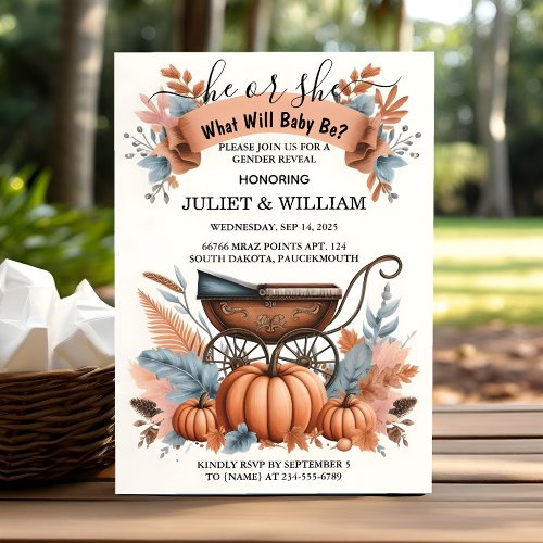 Get Farm Pink Blue Fall Girl Pumpkin Gender Reveal Invitation