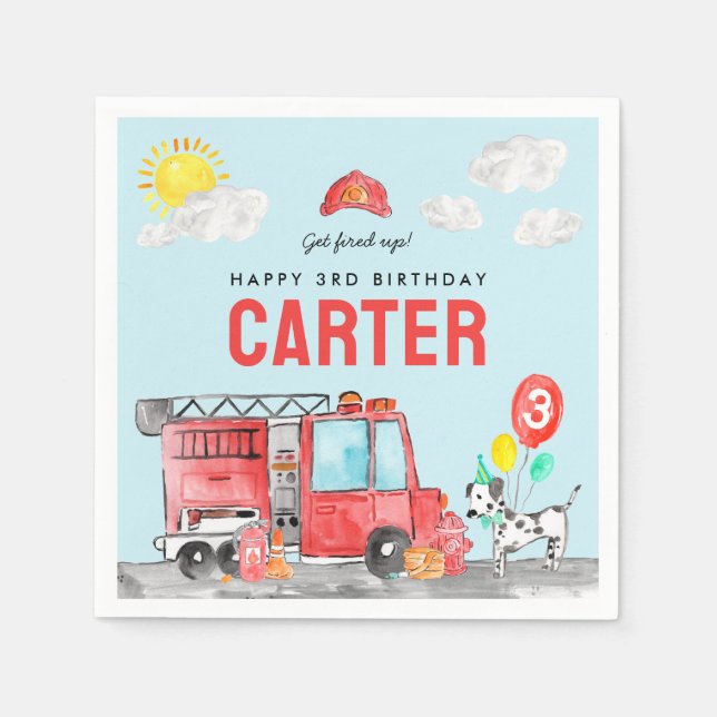 Get Fired Up Fire Truck Firefighter Kids Birthday Napkins (Front)