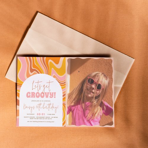 Get Groovy Pink  Orange Arch Photo Birthday Party Invitation