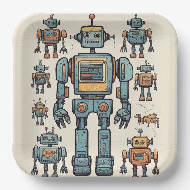Get in Gear Robot Birthday - Large Robot Paper Plates (Front)
