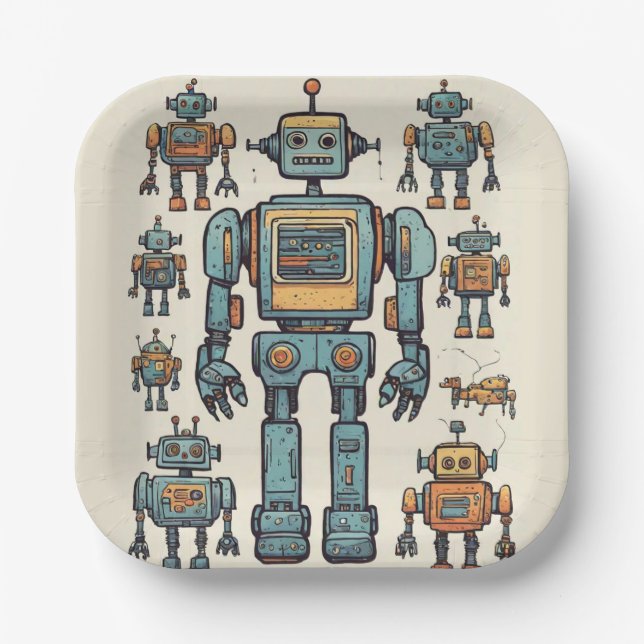 Get in Gear Robot Birthday - Large Robot Paper Plates (Front)