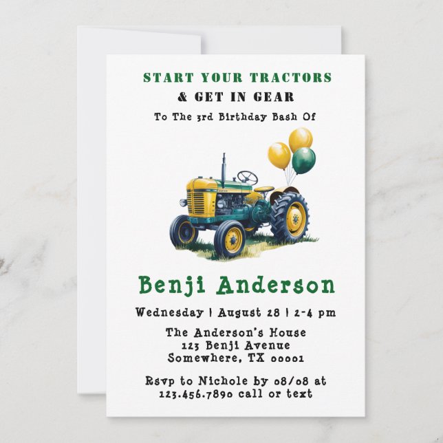 Get In Gear Tractor 3rd Birthday Bash Invitation (Front)