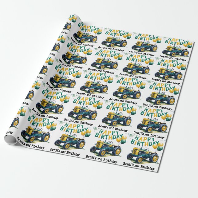 Get In Gear Tractor 3rd Birthday Bash Wrapping Paper (Unrolled)