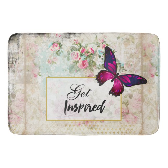 Get Inspired Quote & Pink Butterfly Shabby Collage Bath Mat (Front)