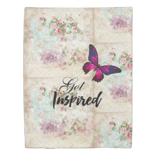 Get Inspired Quote & Pink Butterfly Shabby Collage Duvet Cover