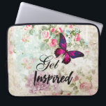 Get Inspired Quote & Pink Butterfly Shabby Collage Laptop Sleeve<br><div class="desc">A laptop sleeve with the saying: Get Inspired. The word inspired is written in a cool trendy script font. Designed with an elegant pink magenta butterfly with purple accents. The background is a shabby vintage collage with pink roses and other decorative elements. A charming whimsical vibe.</div>