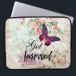Get Inspired Quote & Pink Butterfly Shabby Collage Laptop Sleeve<br><div class="desc">A laptop sleeve with the saying: Get Inspired. The word inspired is written in a cool trendy script font. Designed with an elegant pink magenta butterfly with purple accents. The background is a shabby vintage collage with pink roses and other decorative elements. A charming whimsical vibe.</div>