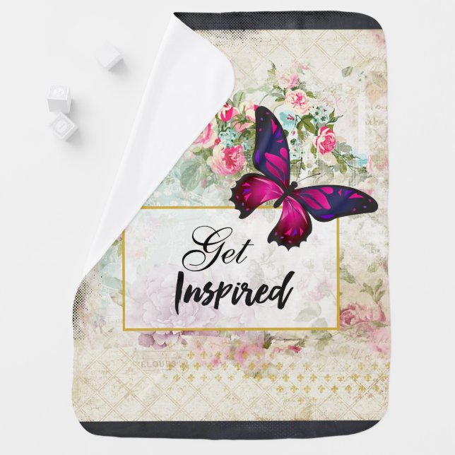 Get Inspired Quote & Pink Butterfly Shabby Collage Receiving Blanket (In Situ)