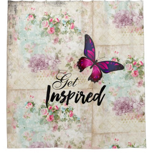 Get Inspired Quote  Pink Butterfly Shabby Collage Shower Curtain