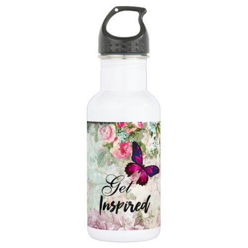 Get Inspired Quote  Pink Butterfly Shabby Collage Stainless Steel Water Bottle