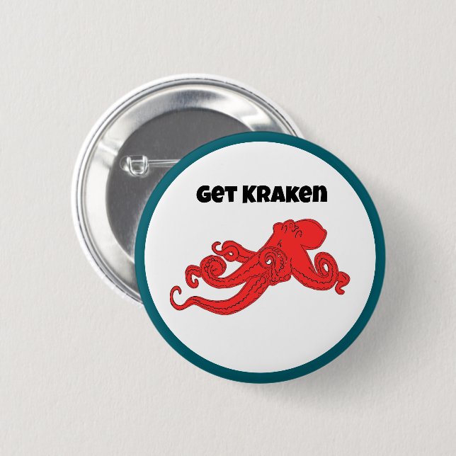 Get Kraken Fun Retro Red Octopus Cartoon Button (Front & Back)