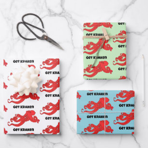 Get Kraken Fun Retro Red Octopus Cartoon Wrapping Paper Sheets