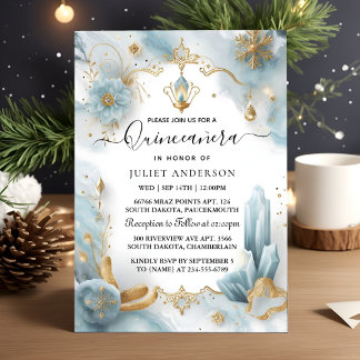 Get Lamp Ivory Ice Sky Gold Light Blue Quinceanera Invitation