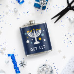 Get Lit | Funny Hanukkah Flask<br><div class="desc">If the menorah isn't the only thing getting lit this year,  gift this hilarious Hanukkah flask to anyone who tends to overindulge during those 8 crazy nights. Design features a lit menorah illustration surrounded with stars,  with "get lit" beneath in white lettering.</div>