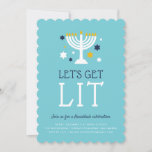 Get Lit | Hanukkah Party Invitation<br><div class="desc">Invite friends and loved ones to share some merriment at Hanukkah with these cute Hanukkah party invitations. Funny design aimed at adults-only gatherings features "let's get lit" on a turquoise background with a lit menorah surrounded by golden yellow,  blue and white stars. Personalize with your Hanukkah celebration details beneath.</div>