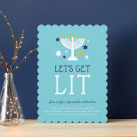 Get Lit | Hanukkah Party Invitation<br><div class="desc">Invite friends and loved ones to share some merriment at Hanukkah with these cute Hanukkah party invitations. Funny design aimed at adults-only gatherings features "let's get lit" on a turquoise background with a lit menorah surrounded by golden yellow,  blue and white stars. Personalize with your Hanukkah celebration details beneath.</div>