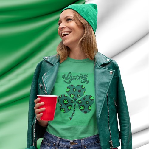 Get Lucky Green Leopard Clover St Patrick Day Fun T_Shirt