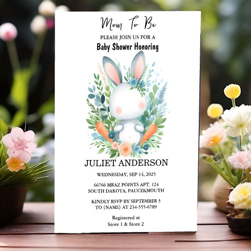 Get Mom to be Ear Hop Blue Pink Bunny Baby Shower Invitation