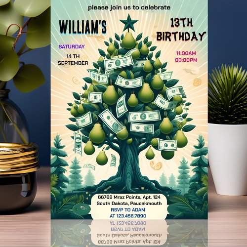 Get Nature Cool Cash Only Money Tree 13th Birthday Invitation