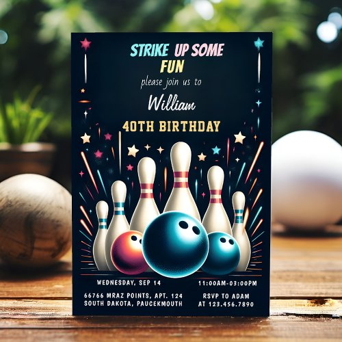 Get Neon Boy Kids Team Event Bowling 40th Birthday Invitation